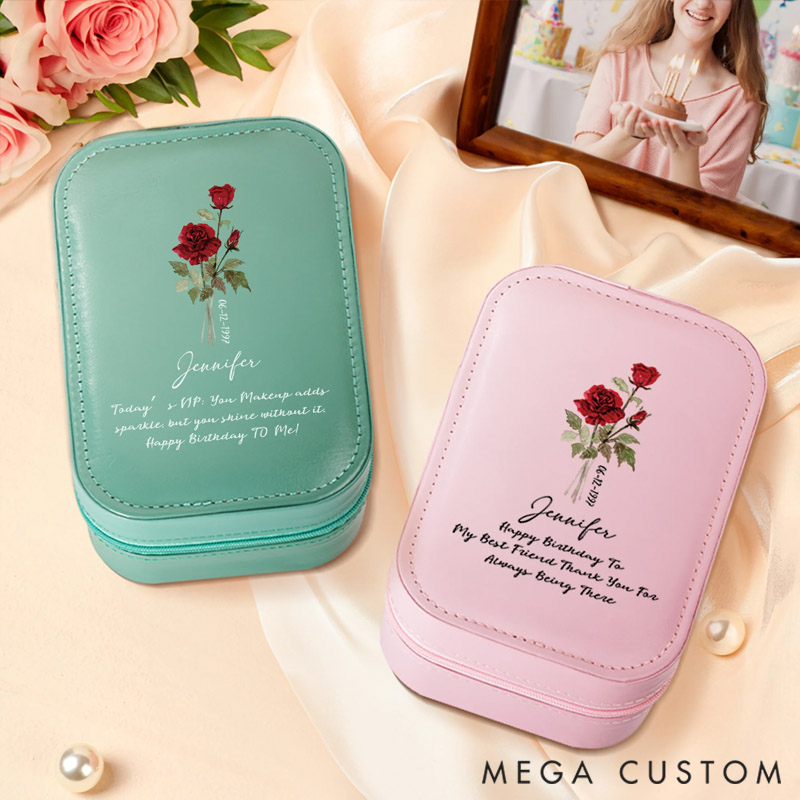 Personalized Birth Flower PU Leather Jewelry Box with LED Three-Color Adjustable Mirror and Text Name Date Travel Essential Birthday Gift for Women