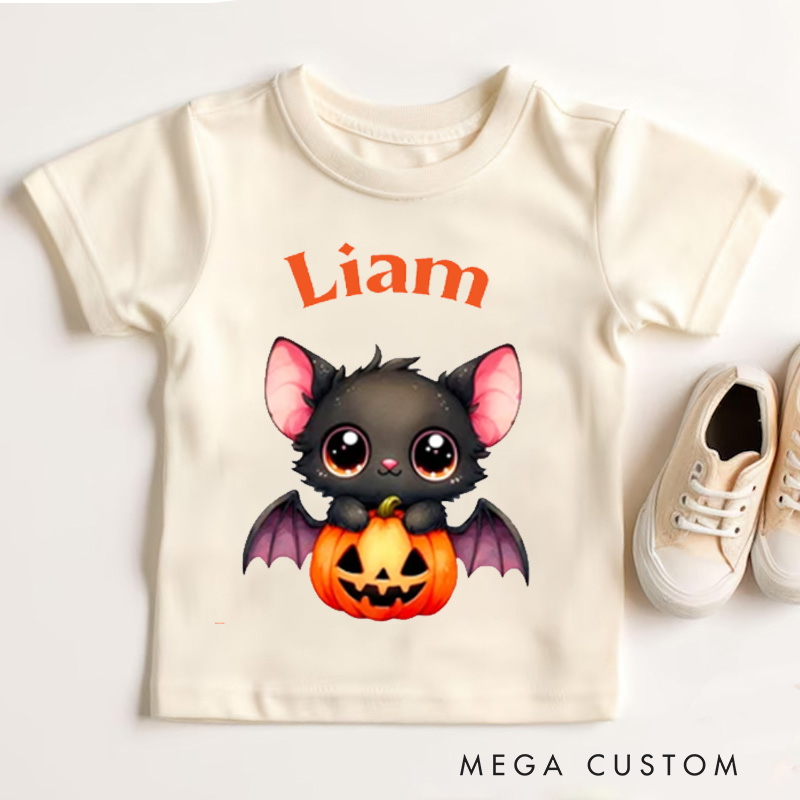 Personalized Cartoon Bat Pumpkin Kids Shirt with Name and Text Halloween Gift for Boys Girls