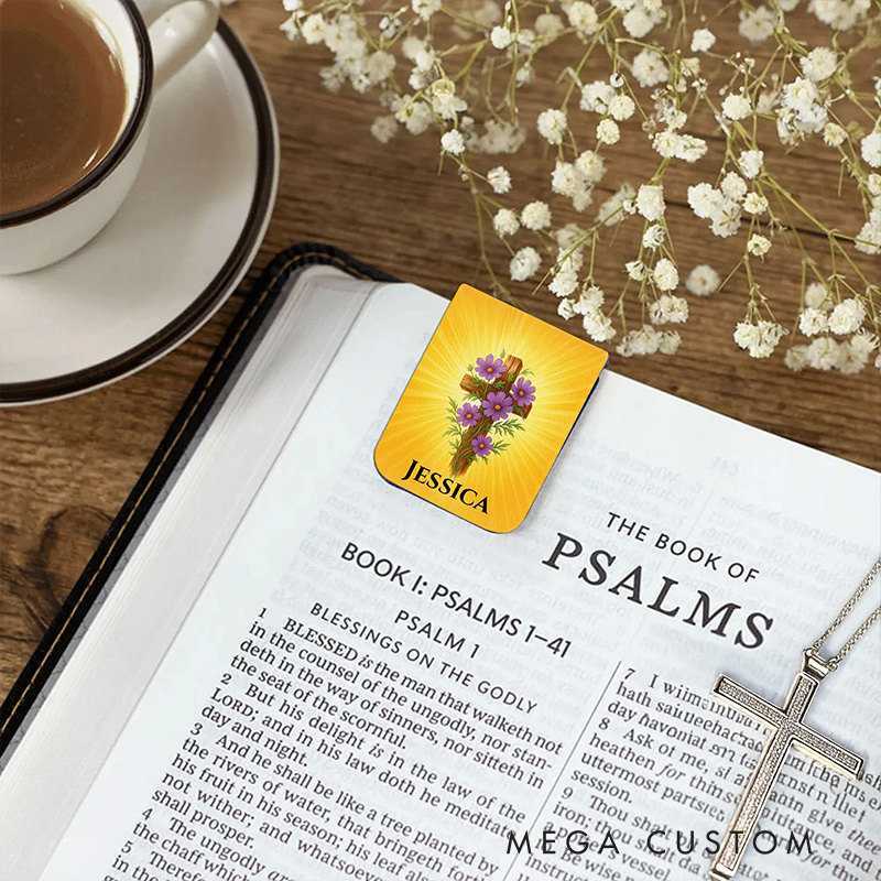 Personalized Cross Birth Flower PU Leather Magnetic Bookmark Clip with Name Religious Gift Birthday Gift for Christians