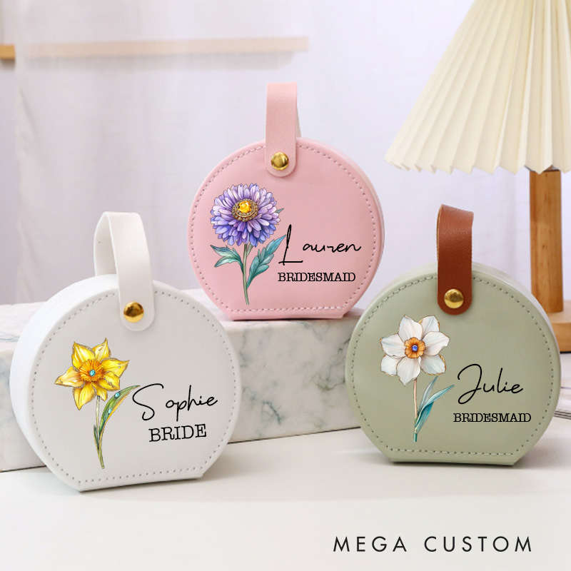 Personalized Retro Oil Painting Birth Flower with Birthstone Jewelry Box Wedding Jewelry Box For Bride Bridesmaid