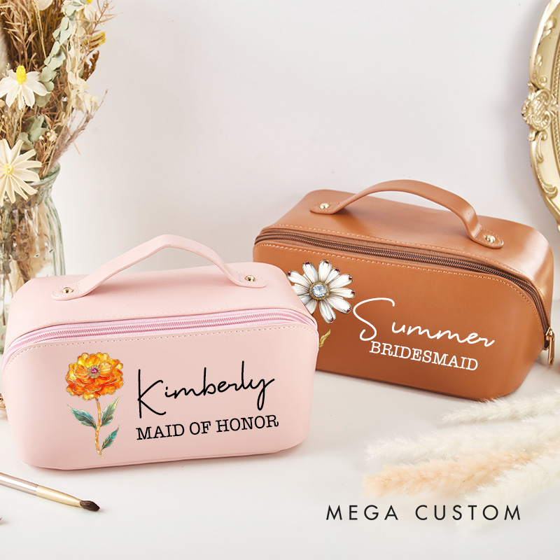 Personalized Retro Oil Painting Birth Flower with Birthstone Large Cosmetic Bag Bridesmaid Bride Make Up Bag