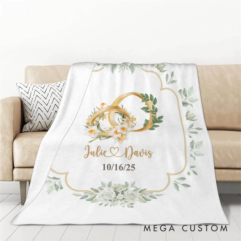 Personalized Couple Birth Flower and Birth Leaf Ring Blanket Newlyweds Name and Date Wedding Blanket Valentine's Day Gift for Husband Wife Hubby Wifey