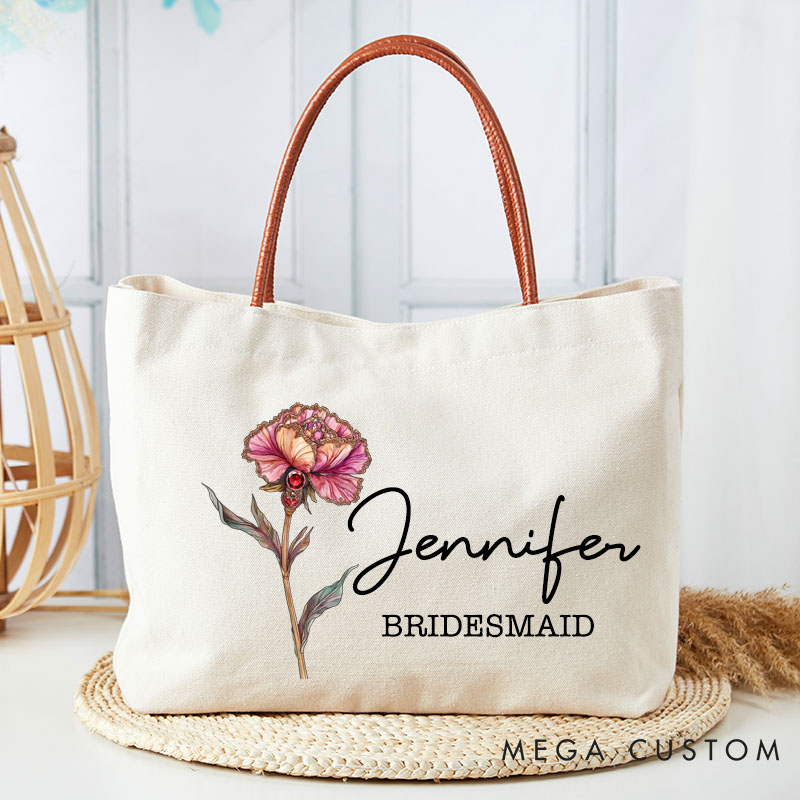 Personalized Bridesmaid Retro Oil Painting Birth Flower with Birthstone Large Jute Tote Bag