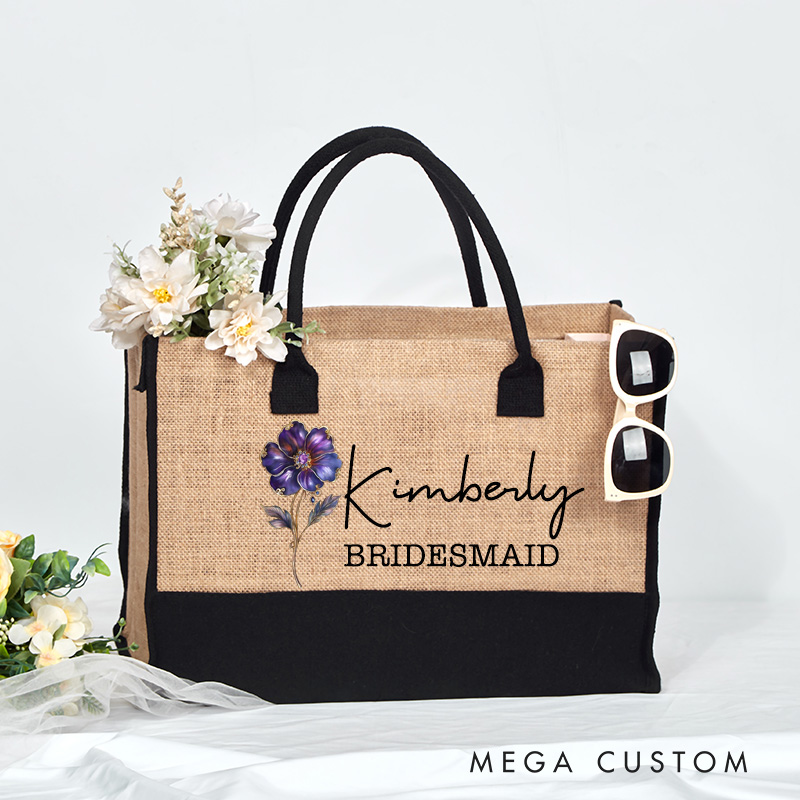 Personalized Retro Oil Painting Birth Flower Large  Bridesmaid Jute Tote Bag Bride Burlap Tote Bag