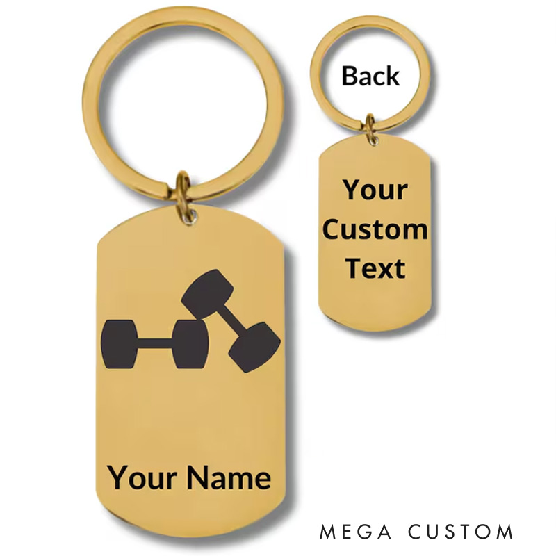 Personalized Engraved Metal Oval Keychain with Dumbbells Workout Stainless Steel Keychain for Gym Lovers
