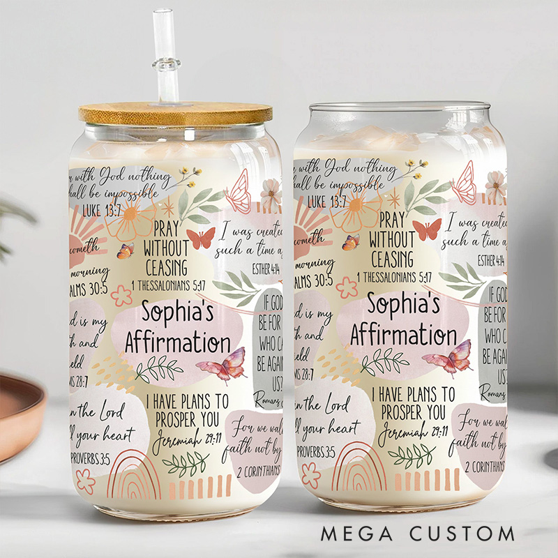 Personalized My Faith Affirmation Bible Scripture Verses Glass Cup with Lid and Straw Custom Name Coffee Cup Religious Gift for Christians