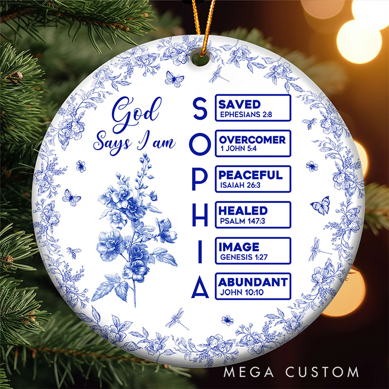 Personalized Toile De Jouy Birth Flower Bible Chapter Ceramic Ornament with Name Religious Gift for Christians