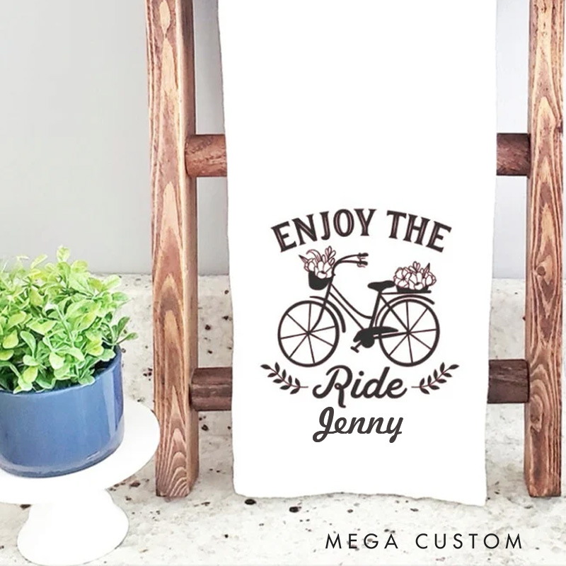 Personalized Riding Hand Towel Embroidered Enjoy the Ride Tea Towel Road Bike Gift with Name Race Day Gift for Cyclist