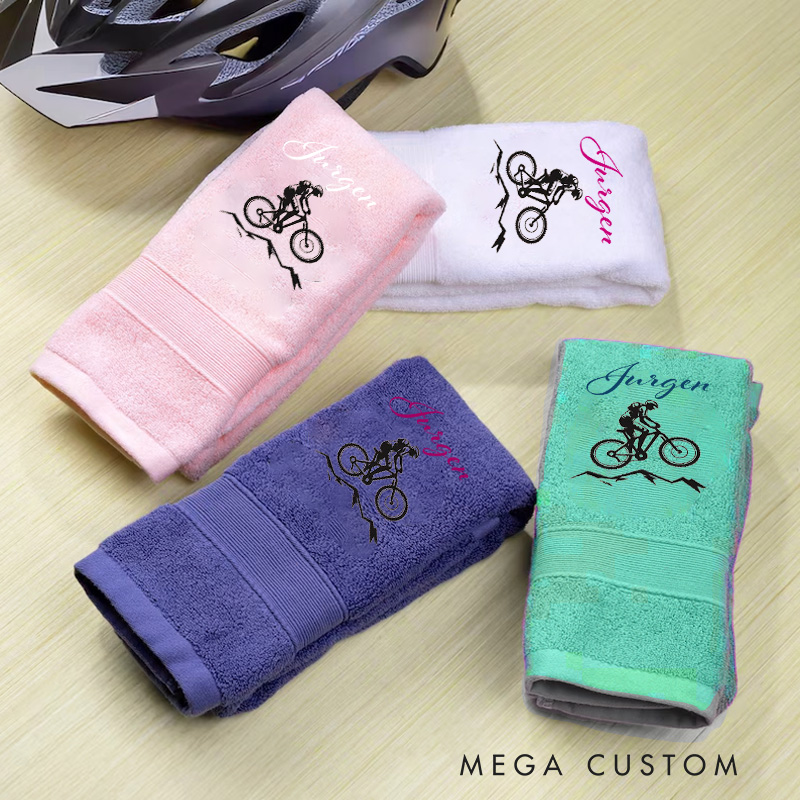 Personalized Mountainbike Hand Towel Embroidered with Bike and Name Road Bike Gift with Name Race Day Gift for Cyclist