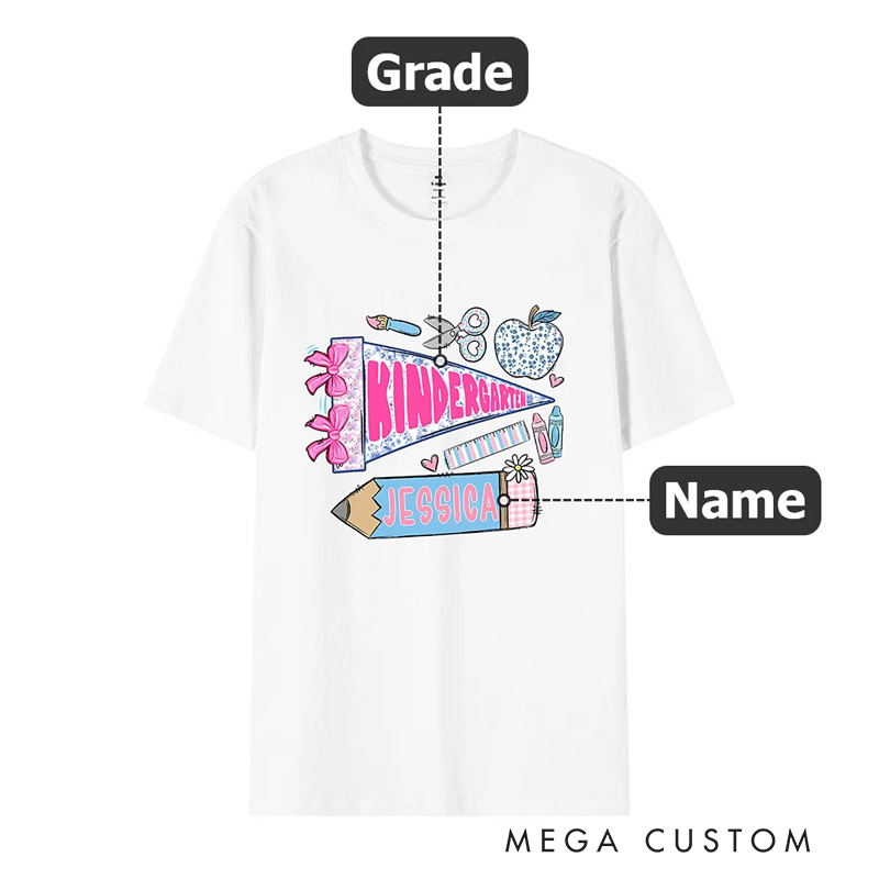 Personalized Pencil Apple Scissors Crayon Pennant Kid T-Shirt with Name and Grade Back to School Birthday Gift for Boys Girls