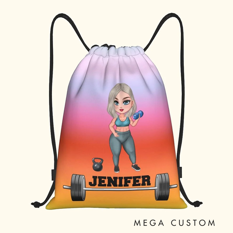 Personalized Cartoon Fitness Girl Design Water Resistant Drawstring Backpack with Name Gym Workout Birthday Gift for Sports Fitness Lovers