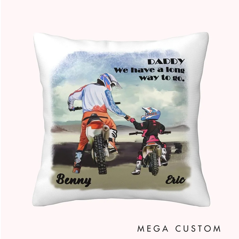 Personalized Motorbike Father and Kid Throw Pillow Cover with Name Text Birthday Father’s Day Gift for Dad Kid Cycling Lovers