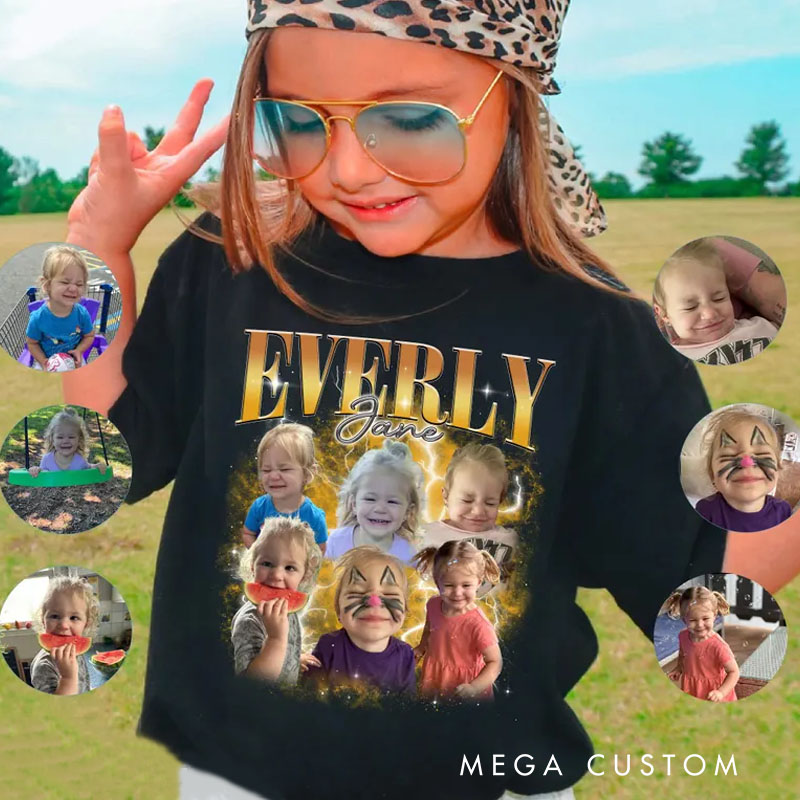 Personalized Photo Collage Kids T-Shirt with Custom Pictures and Name for a Unique Birthday Keepsake