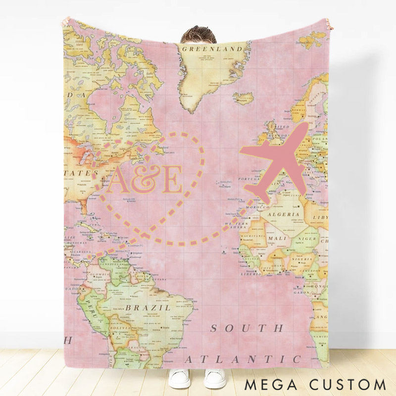 Personalized Travel Blanket Perfect Gift for Travel Lovers with Pink Map Featuring Custom Initials