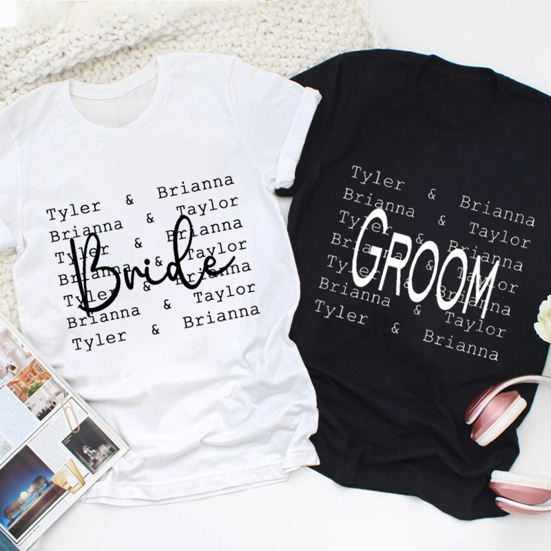 Personalized Modern Repetitive Text Bride and Groom Wedding Couple Classic T-Shirt