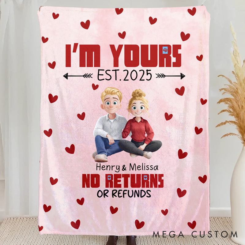 Personalized I'm Yours Couple Blanket Cute 3D Cartoon Couple Soft Throw Blanket with Name and Text Valentine's Day Anniversary Gift for Couples Lovers