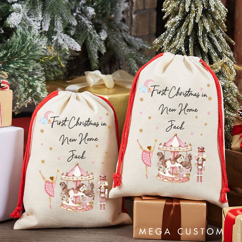 Personalized First Christmas in New Home Gift Bag Carousel and Ballerina Design Custom Canvas Sack Holiday Decoration Perfect for New Homeowners Christmas Keepsake