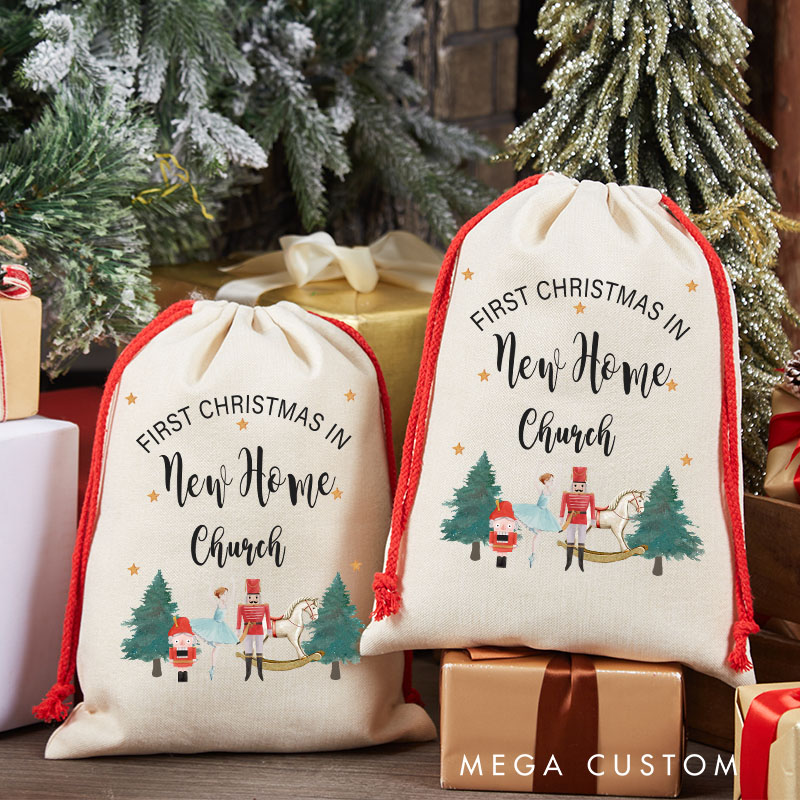 Personalized First Christmas in New Home Gift Bag Nutcracker and Holiday Tree Design Custom Canvas Sack Holiday Decoration Perfect for New Homeowners Keepsake