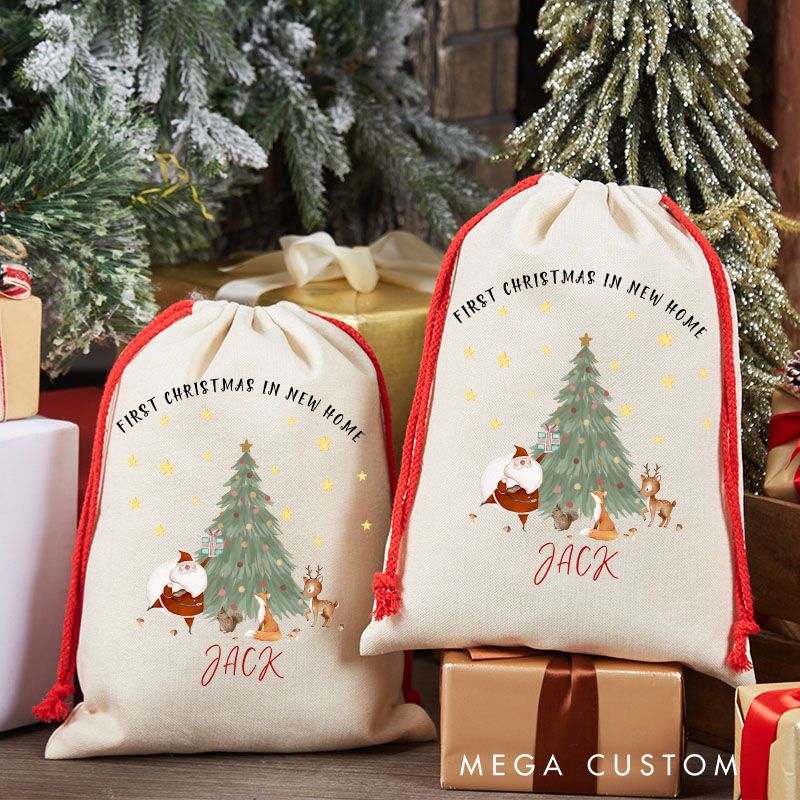 Personalized First Christmas in New Home Gift Bag Christmas Tree and Santa Design Custom Canvas Sack Holiday Decoration Perfect for New Homeowners Keepsake