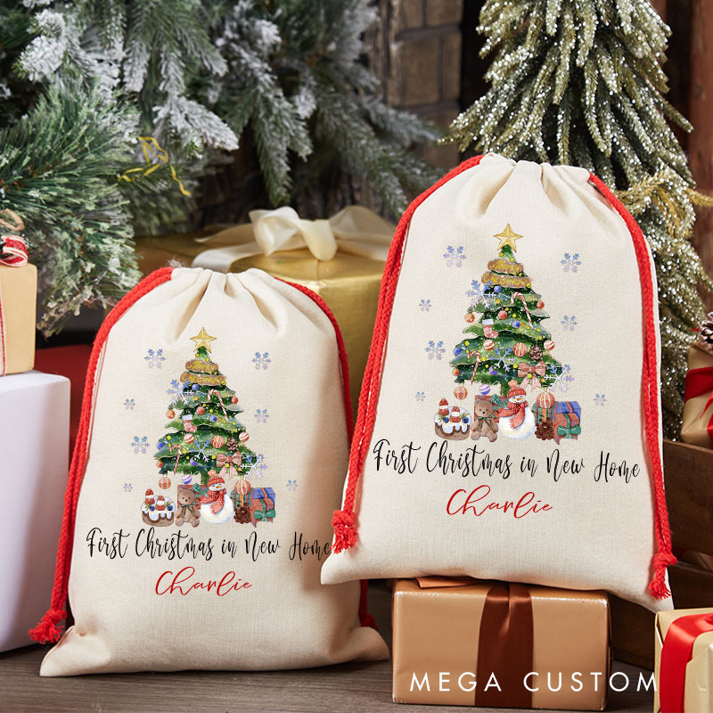 Personalized First Christmas in New Home Gift Bag Decorated Tree and Santa Design Custom Canvas Sack Holiday Decoration Perfect for New Homeowners Keepsake