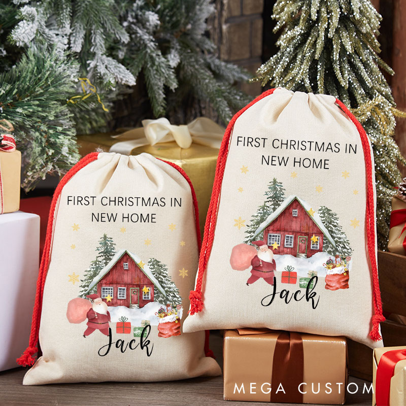 Personalized First Christmas in New Home Gift Bag Red House and Santa Design Custom Canvas Sack Holiday Decoration Perfect for New Homeowners Keepsake