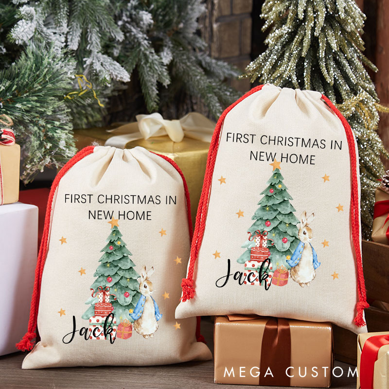 Personalized First Christmas in New Home Gift Bag Bunny and Christmas Tree Design Custom Canvas Sack Holiday Decoration Perfect for New Homeowners Keepsake
