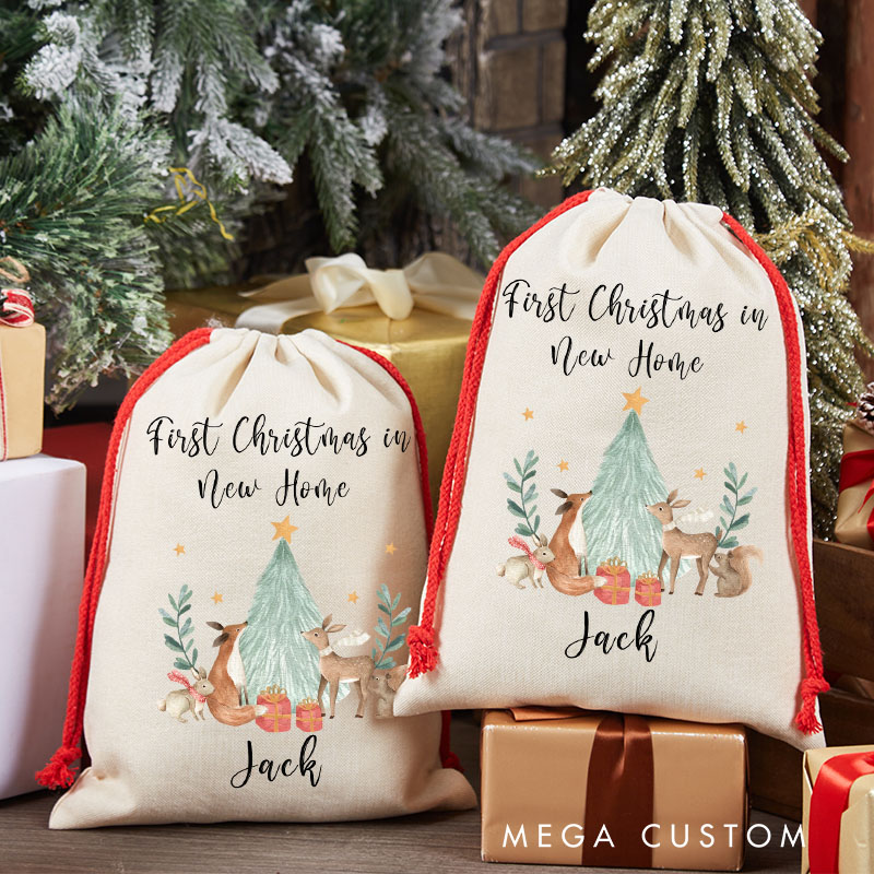Personalized First Christmas in New Home Gift Bag Woodland Animals and Christmas Tree Design Custom Canvas Sack Holiday Decoration Perfect for New Homeowners Keepsake