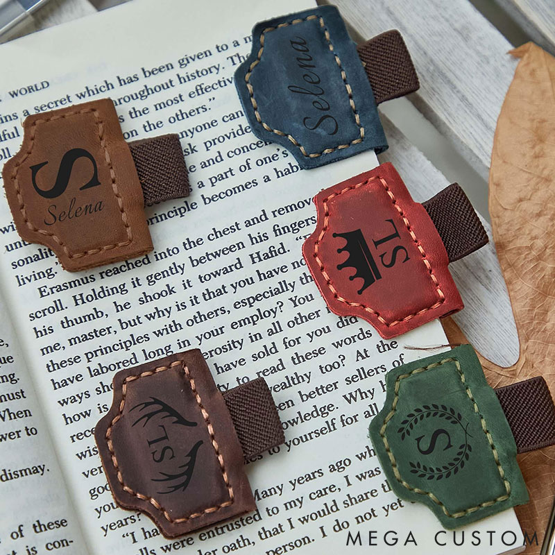 Personalized Logo Leather Book Mark with Pen Holder Engraved Magnetic Bookmark Leather Magnetic Pen Loop for Notebook Book Lover Gifts