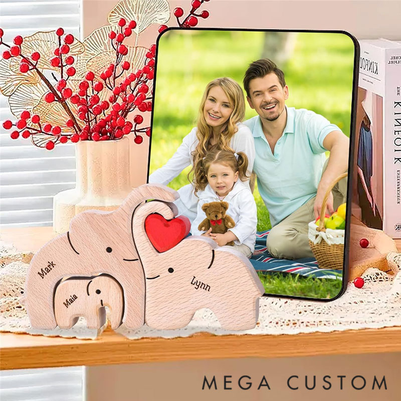 Personalized Wood Elephant Figurine Cuddling Decoration Hand-Carved Elephant for Family Keepsake Gifts