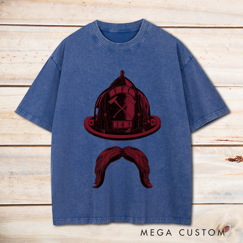 Personalized Firefighter Washed T-Shirt Fire Helmet and Mustache Minimalist Design Unique Gift for Firefighters