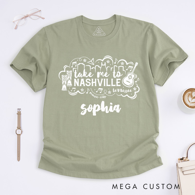 Personalized Nashville Music City Classic T-Shirts Custom Name Gift with Western Country Boots Guitar for Music Lovers Men Women Travelers Tourists