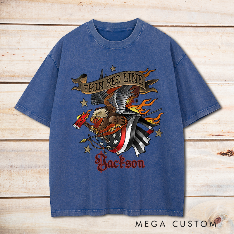 Personalized Firefighter Washed T-Shirt Thin Red Line Eagle and Flag Patriotic Design Unique Gift for Firefighters