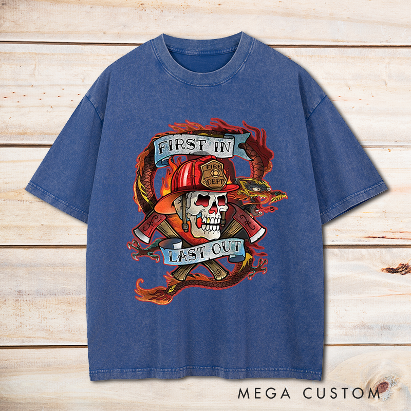 Personalized Firefighter Washed T-Shirt First In Last Out Skull and Fire Helmet Design Unique Gift for Firefighters