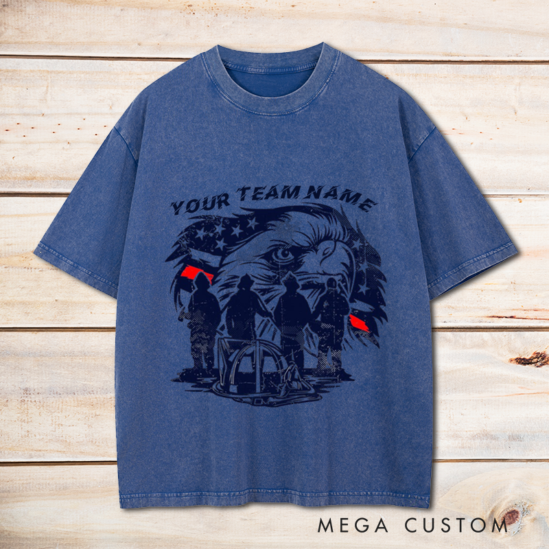 Personalized Firefighter Washed T-Shirt Custom Team Name Bald Eagle and Firefighter Silhouette Design Gift for Firefighter Teams