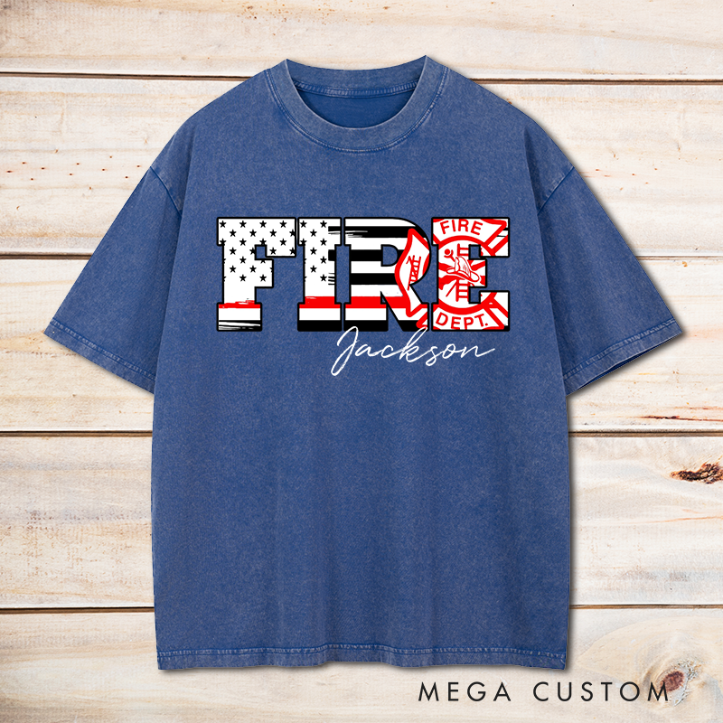 Personalized Firefighter Washed T-Shirt FIRE Lettering with Patriotic and Fire Dept Design Gift for Firefighters