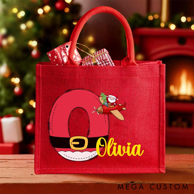 Personalized Red Hemp Gift Tote Bag Traveling Santa Reusable with Initials Printed Exclusively for Christmas Parties