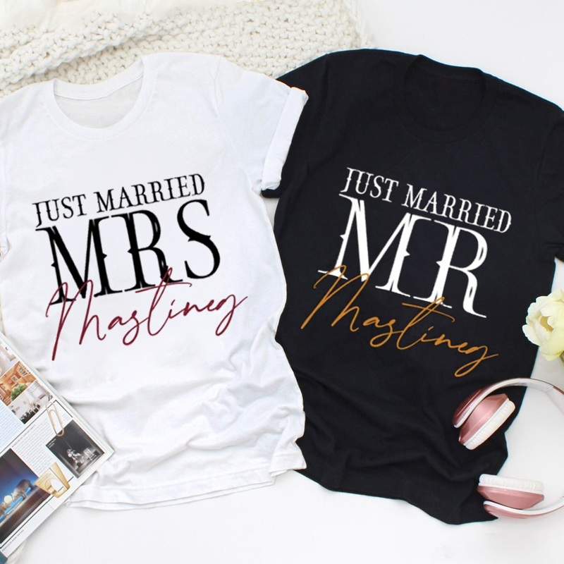 Personalized Modern Just Married Mr and Mrs Matching Wedding Couple Classic T-Shirt