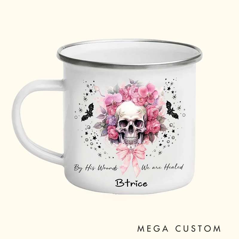 Personalized by His Wounds we are Healed Pink Floral Skull Bats Enamel Mug with Name Halloween Gift Religious Gift