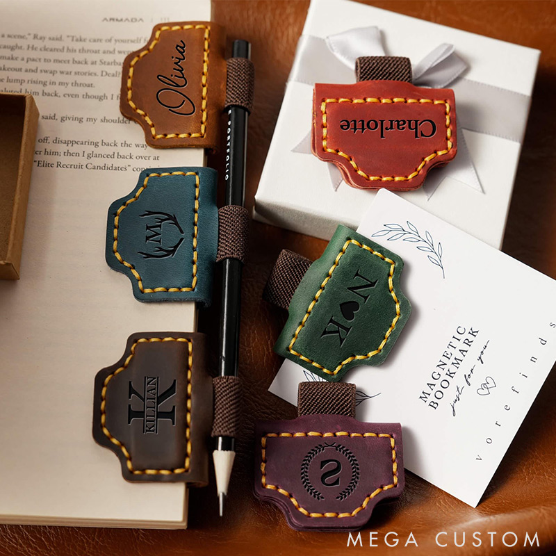 Personalized Leather Magnetic Bookmark with Pen Clip Engraved Magnet Book Clip Design with Name or Initials Handmade Reader Gift
