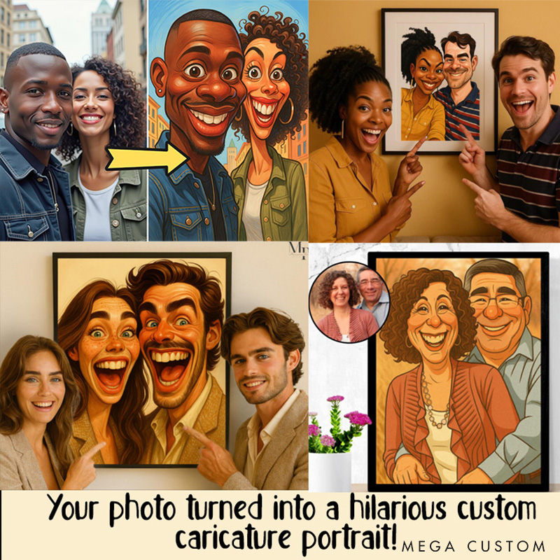 Personalized Couple Caricature Portrait Funny Interracial Art Cartoon Couple Drawing from Photo 