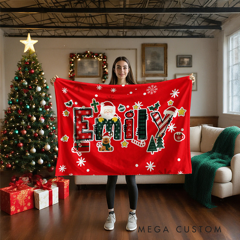Personalized Cross Christmas Reindeer Santa Claus Christmas Name Soft Throw Blanket Home Decor Religious Christmas Party Gift for Kids Family Friends