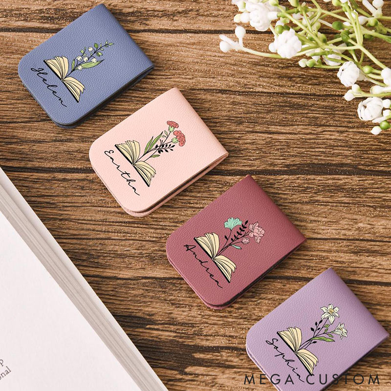 Personalized Name Bookmark with Birth Flower Custom Leather Birth Flower Bookmark Magnetic Bookmark Book Lover Gift Book Accessory