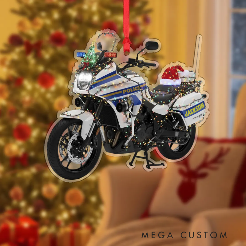 Personalized Police Motorcycle Ornament with Festive Holiday Design Gift for Law Enforcement