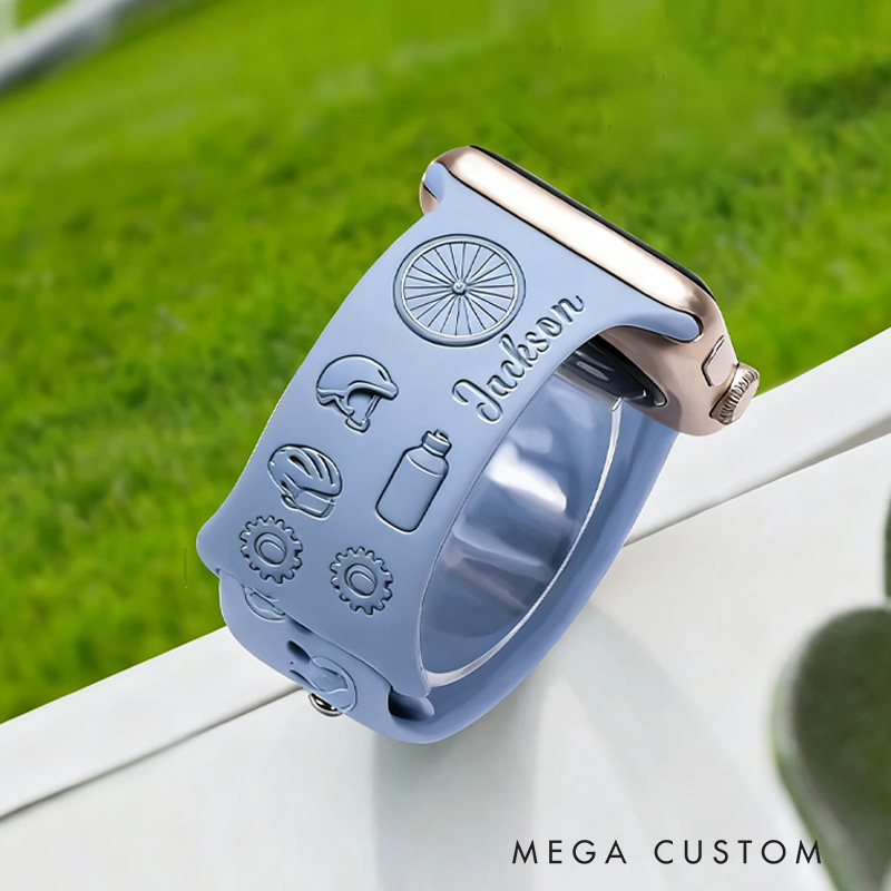 Personalized Bicycle Pattern Silicone Watch Band for Apple with Engraved Name Birthday Game Day Gift for Riding Lovers