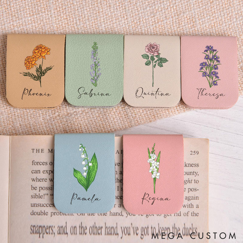 Personalized Magnetic Birth Flower Bookmark Custom Name Leather Bookmark Book Lover Gift Book Accessory