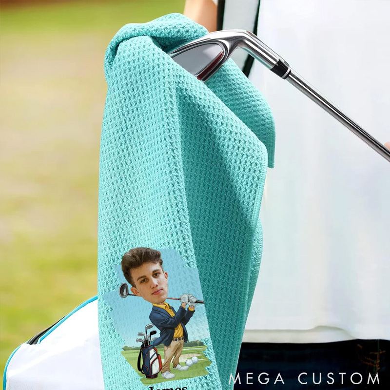 Personalized Head Photo Character Golf Towels with Name and Carabiner Clip for Game Day A Unique Gift for Golf Lovers