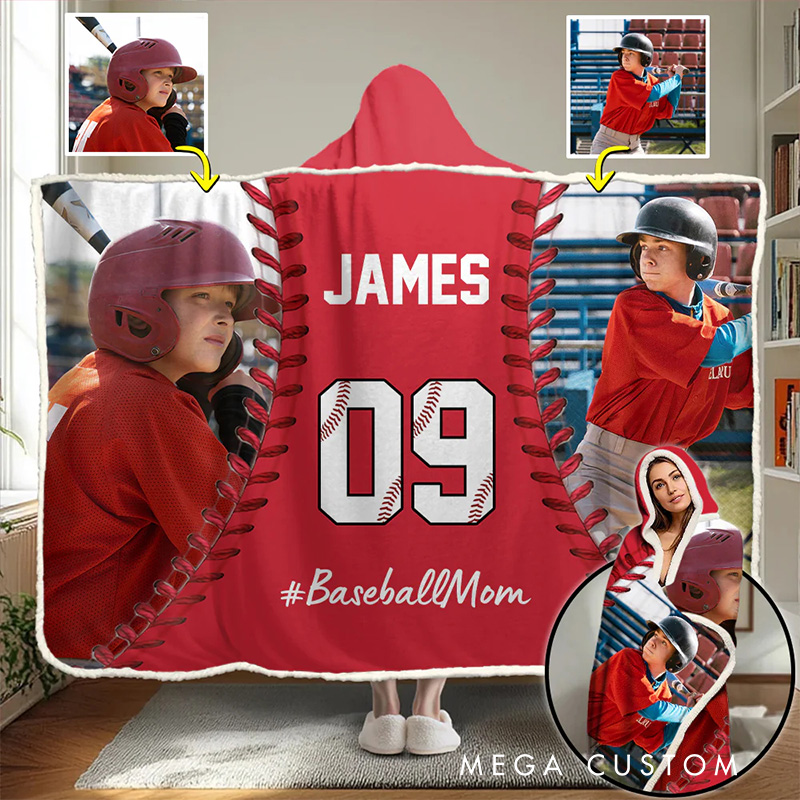 Personalized Photo Wearable Blanket Hoodie with Custom Name and Photo Baseball Mom