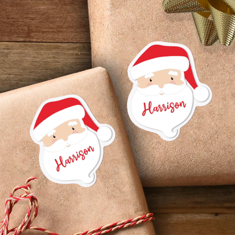 Personalized Santa Claus Gift Sticker with Festive Hat and Custom Name for a Merry and Joyful Holiday Touch