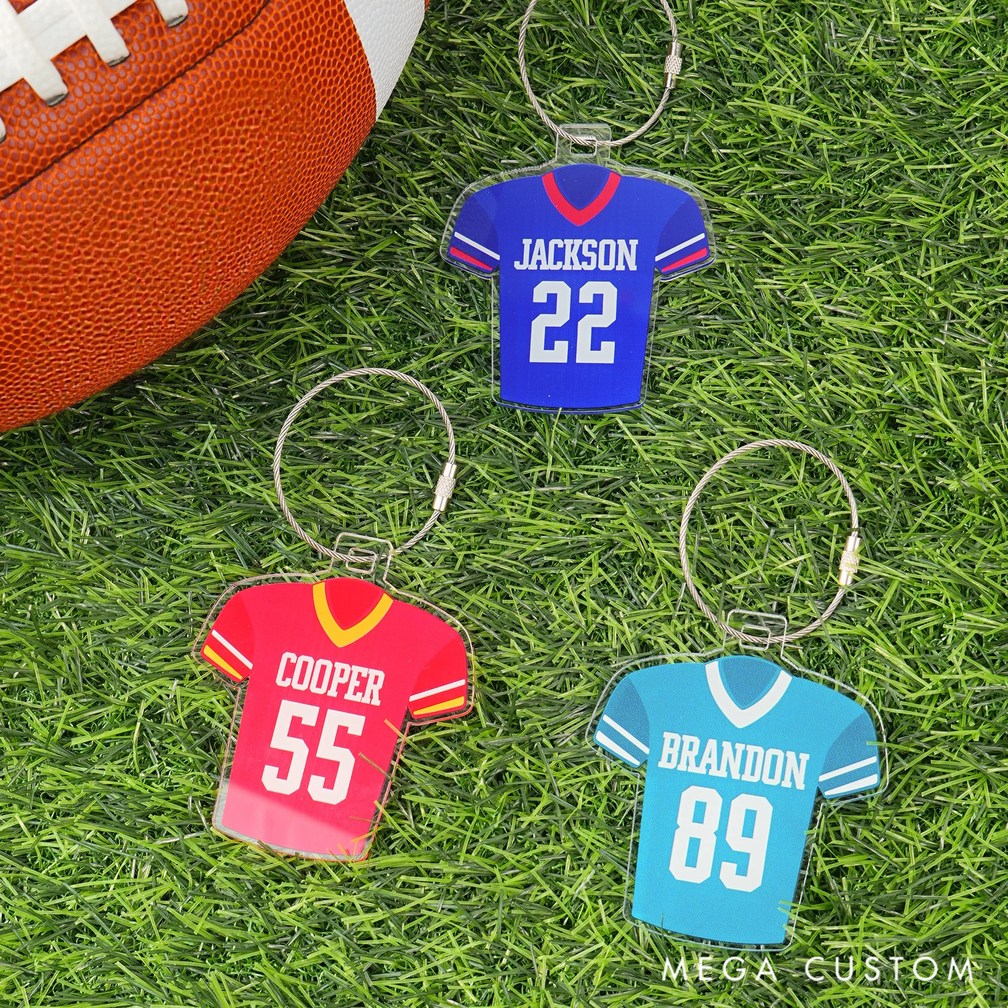 Personalized Multicolor Football Jersey Acrylic Keychain Backpack Tag with Name and Number Game Day Birthday Gift for Football Sports Lovers