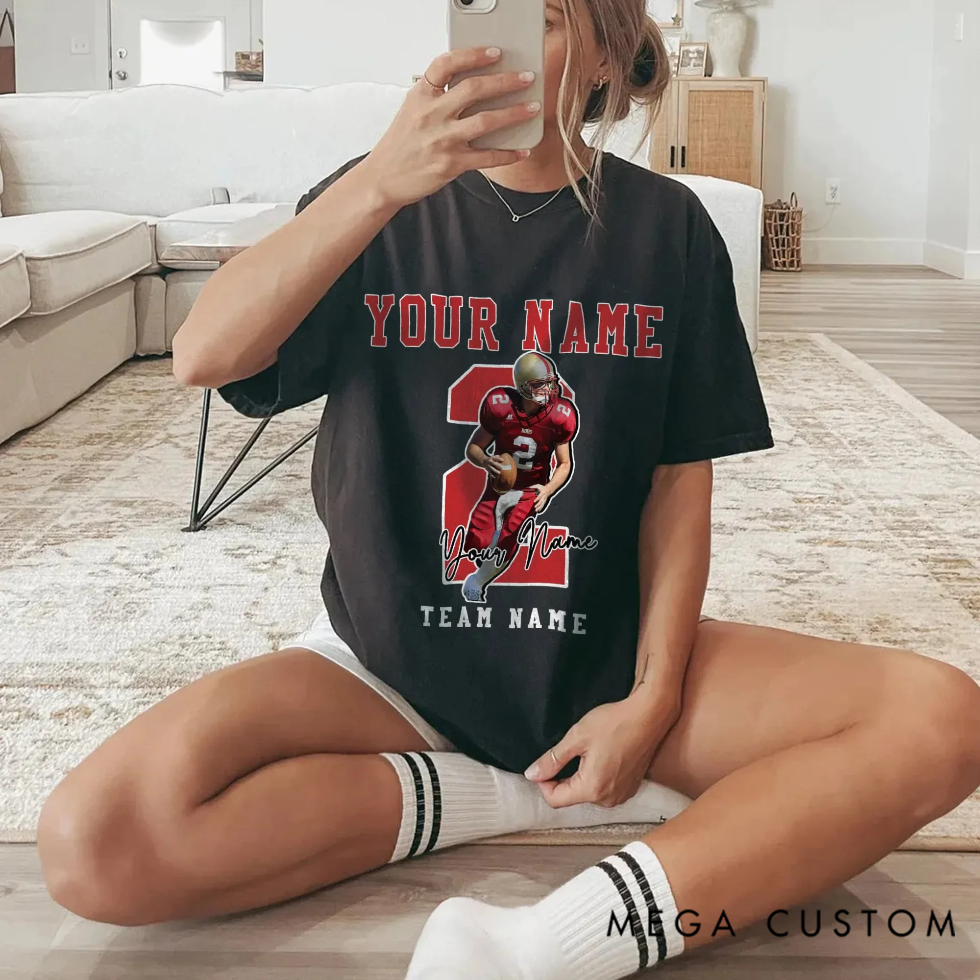 Personalized American Football Photo Heavyweight 100% Cotton T-shirt with Name and Number Game Day Club Gift for Sport Player Mom